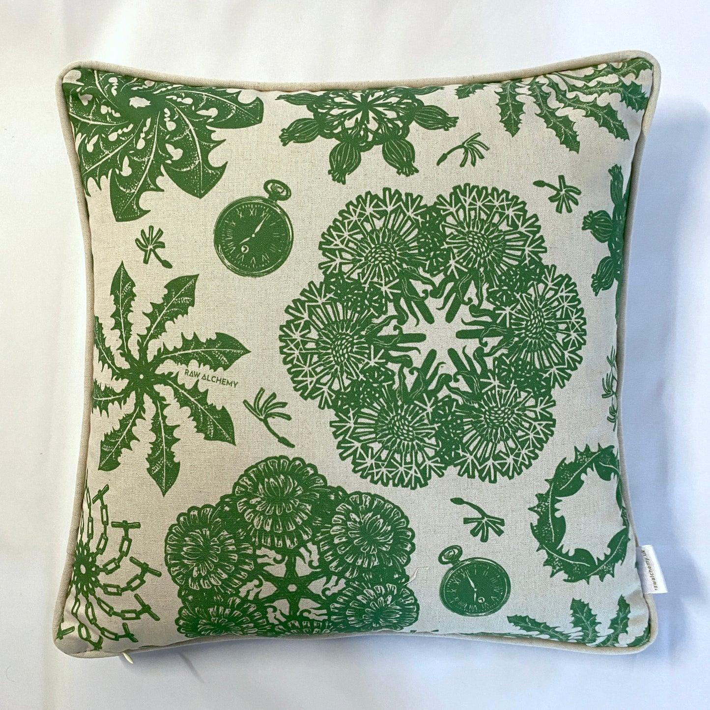 Dandelion Linoprint Print, Green & Natural Linen, Geometric Contemporary Floral Cushion Cover