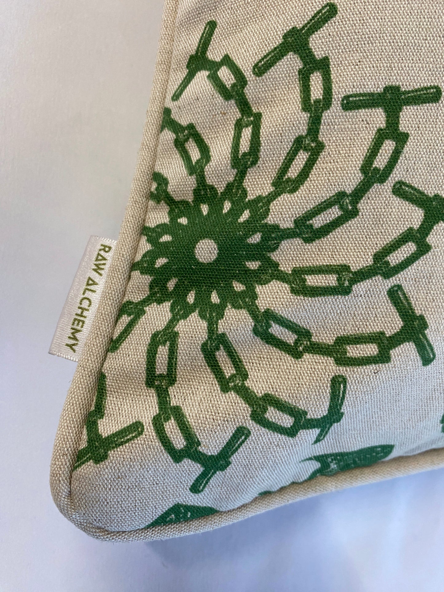 Dandelion Linoprint Print, Green & Natural Linen, Geometric Contemporary Floral Cushion Cover