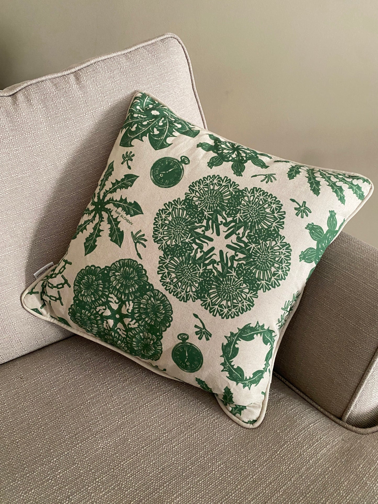 Dandelion Linoprint Print, Green & Natural Linen, Geometric Contemporary Floral Cushion Cover