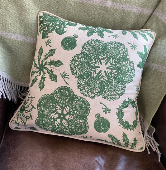 Dandelion Linoprint Print, Green & Natural Linen, Geometric Contemporary Floral Cushion Cover