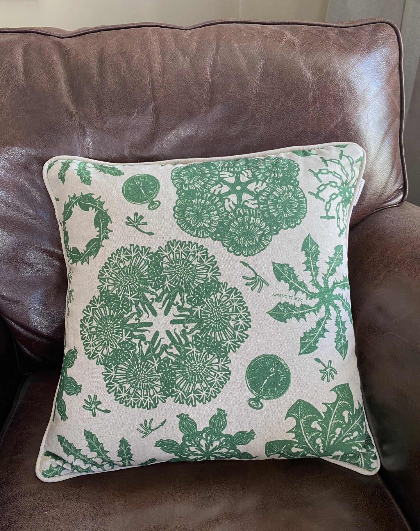 Dandelion Linoprint Print, Green & Natural Linen, Geometric Contemporary Floral Cushion Cover