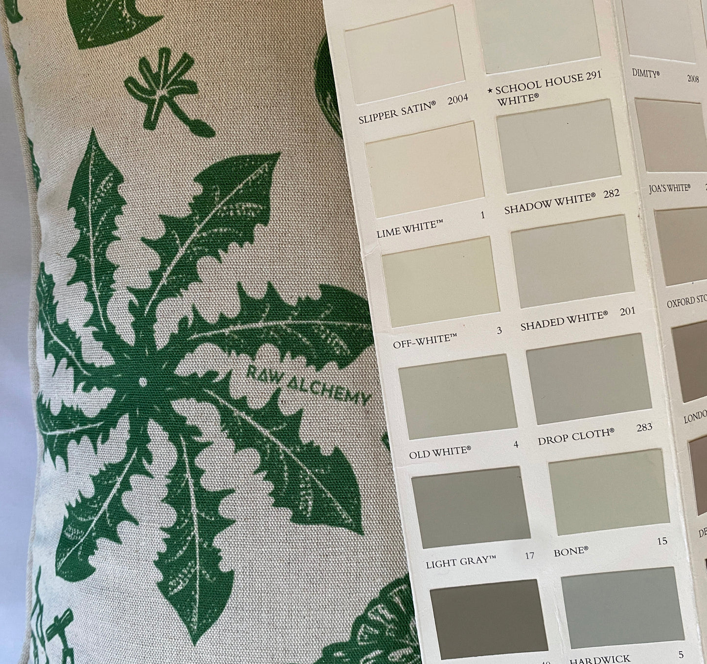 Dandelion Linoprint Print, Green & Natural Linen, Geometric Contemporary Floral Cushion Cover