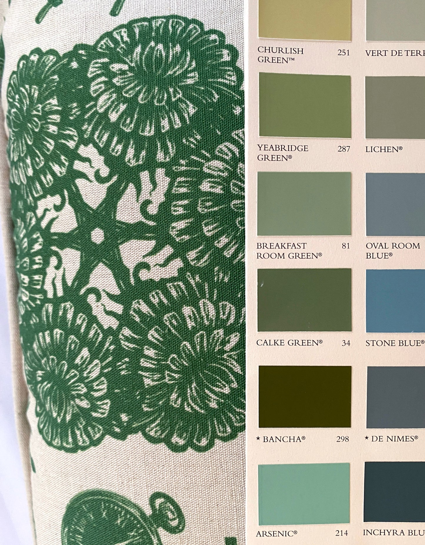 Dandelion Linoprint Print, Green & Natural Linen, Geometric Contemporary Floral Cushion Cover