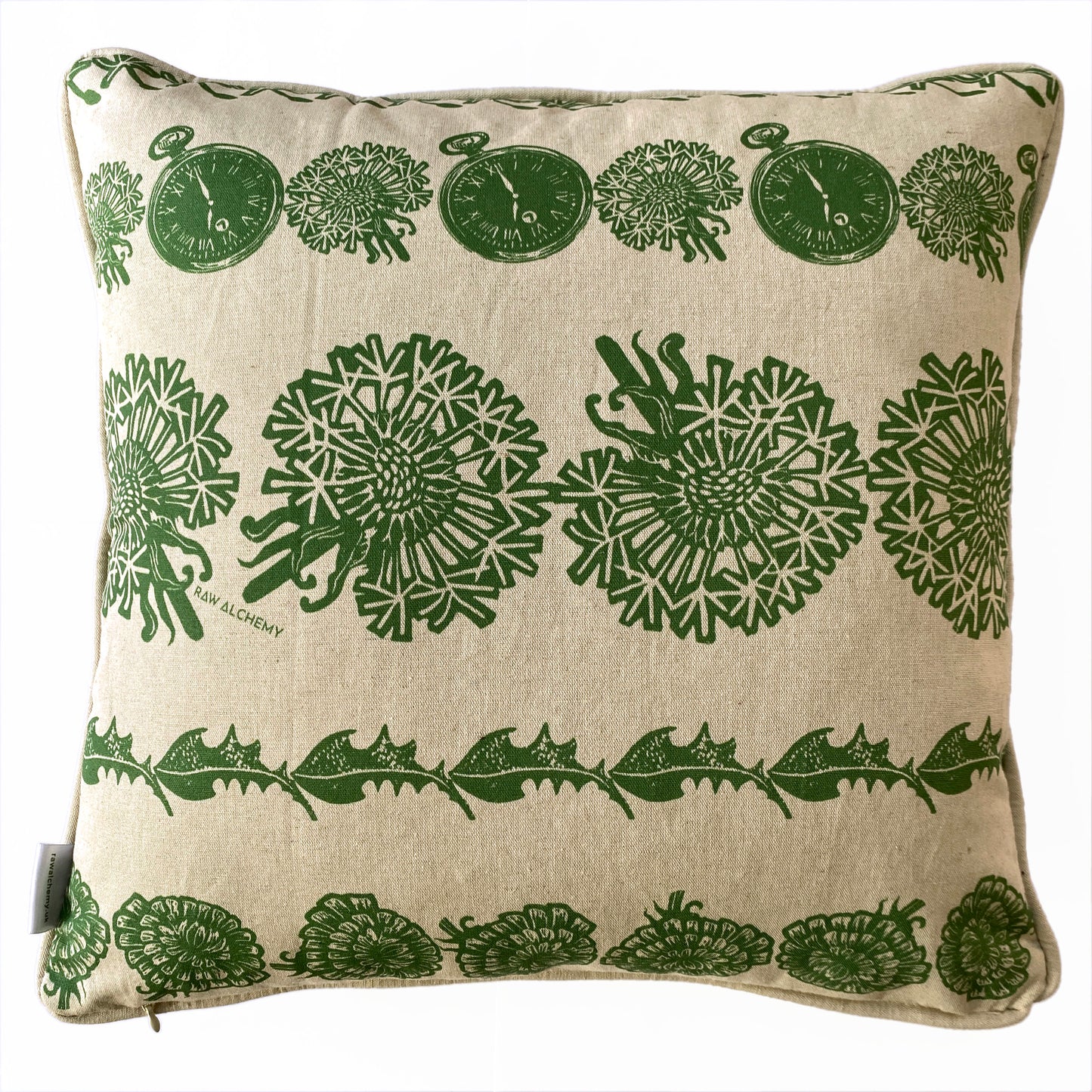 Dandelion Clocks, Natural Linen & Green Floral Stripe Cushion Cover