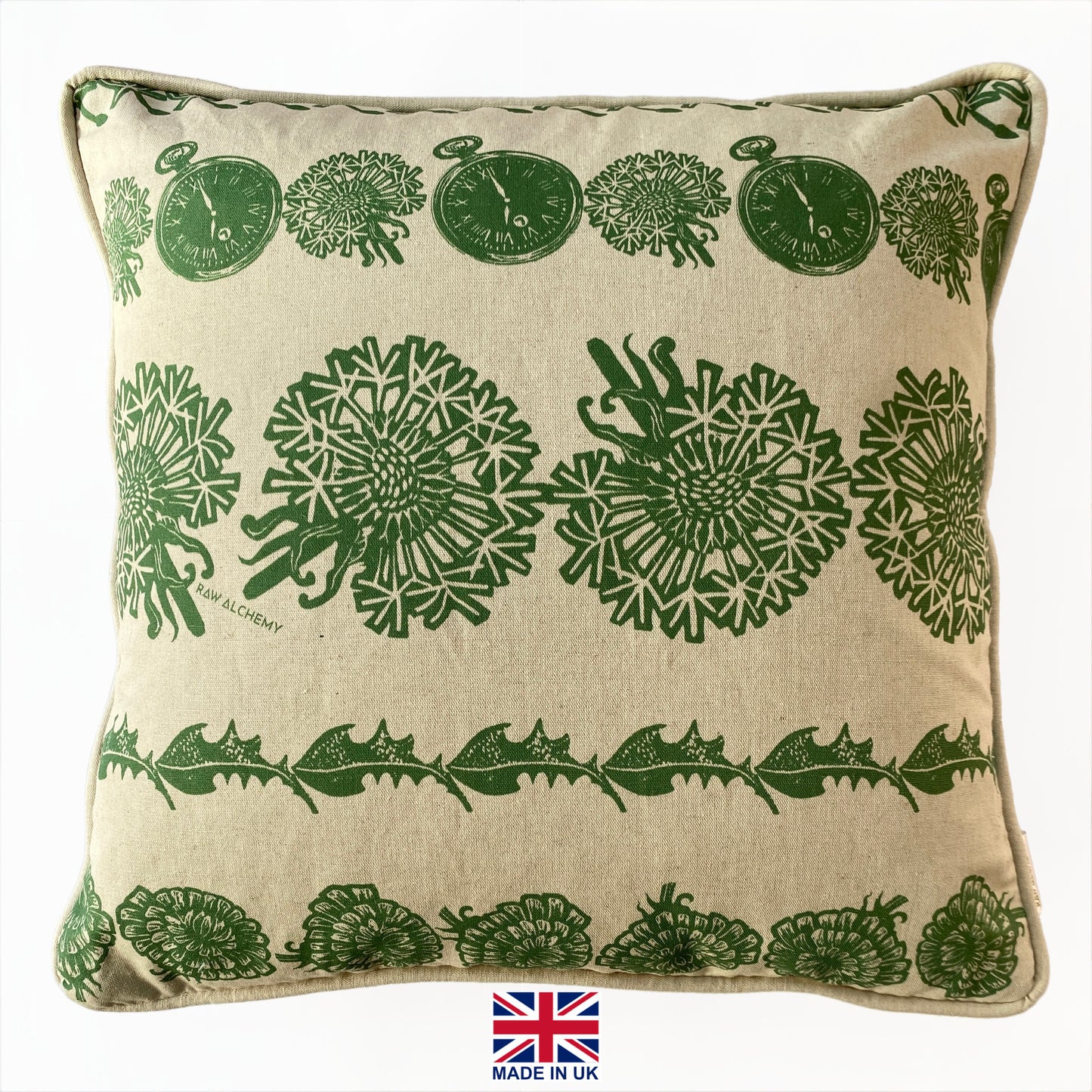 Dandelion Clocks, Natural Linen & Green Floral Stripe Cushion Cover
