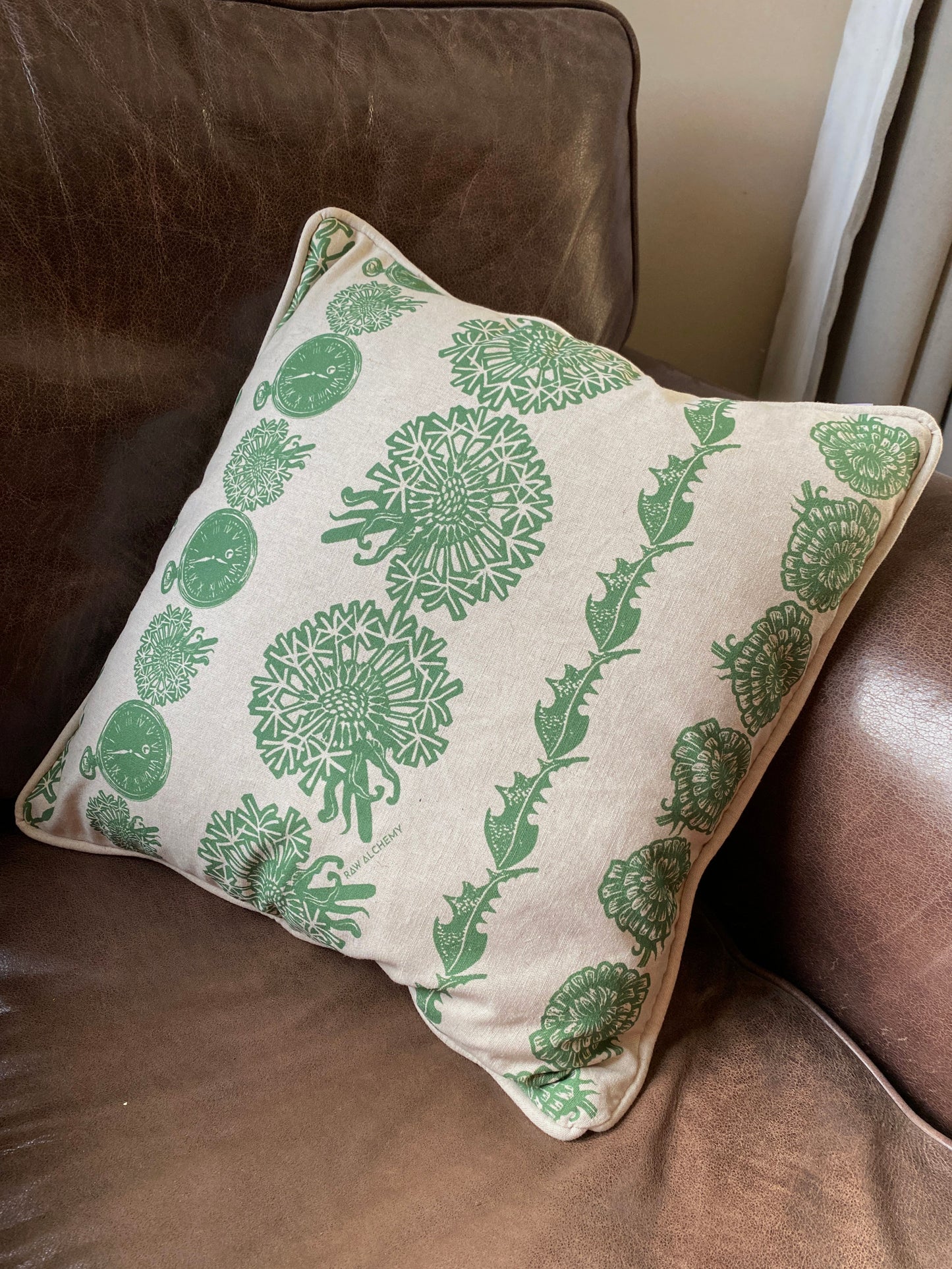 Dandelion Clocks, Natural Linen & Green Floral Stripe Cushion Cover