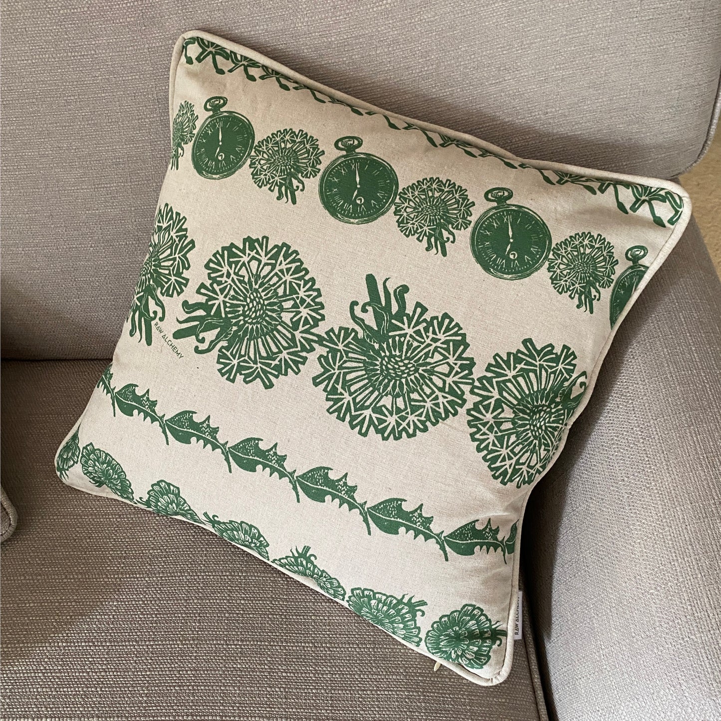 Dandelion Clocks, Natural Linen & Green Floral Stripe Cushion Cover