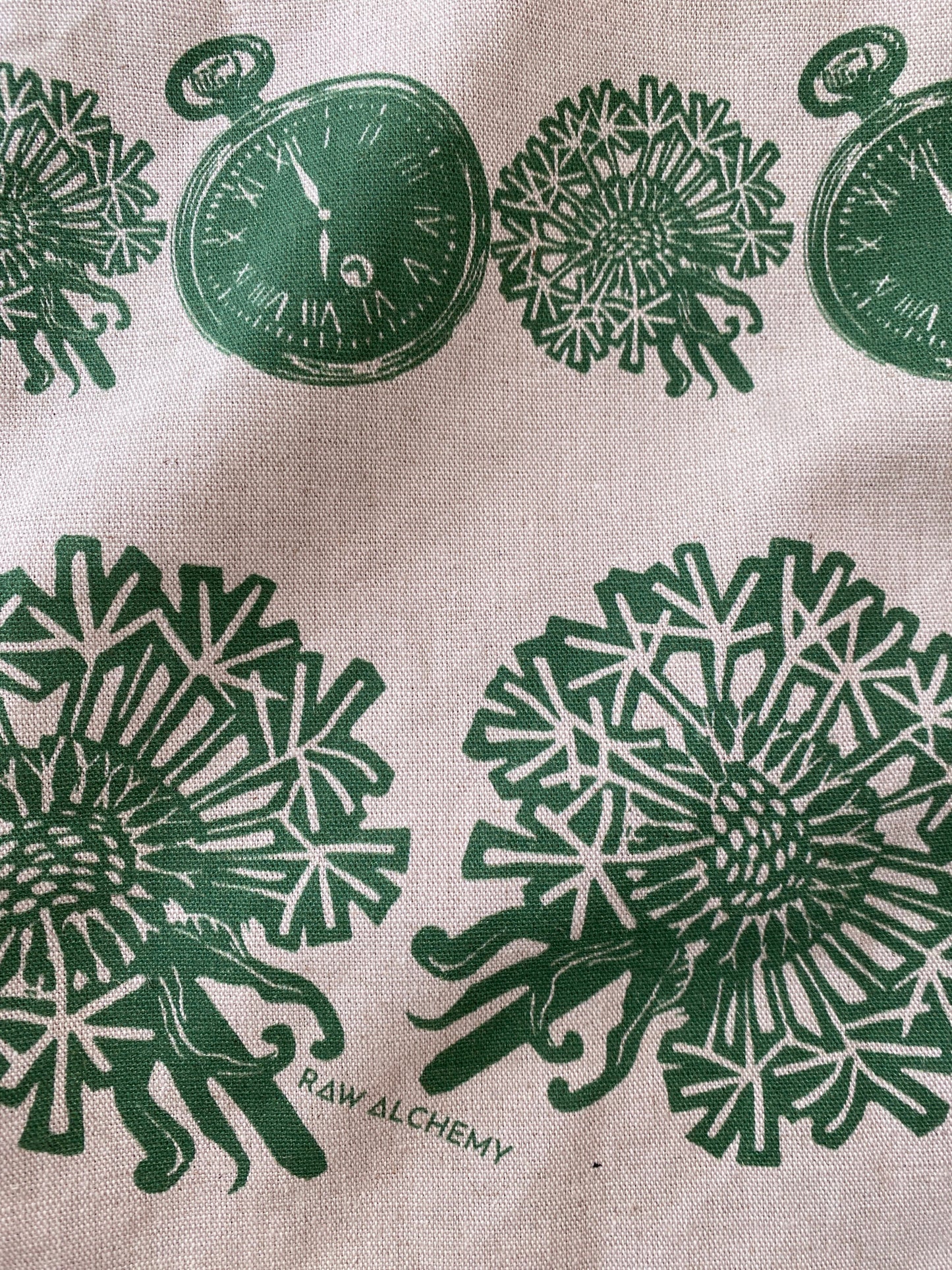 Dandelion Clocks, Natural Linen & Green Floral Stripe Cushion Cover