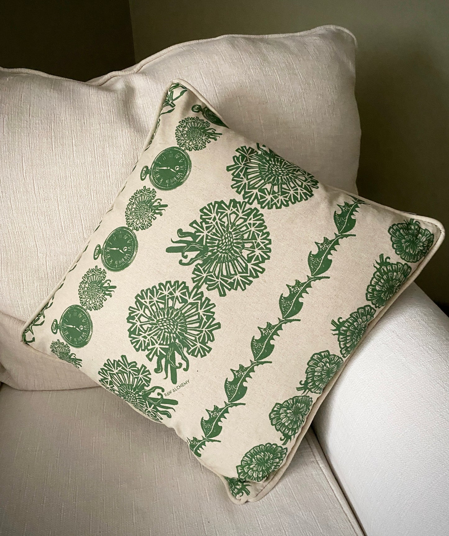 Dandelion Clocks, Natural Linen & Green Floral Stripe Cushion Cover