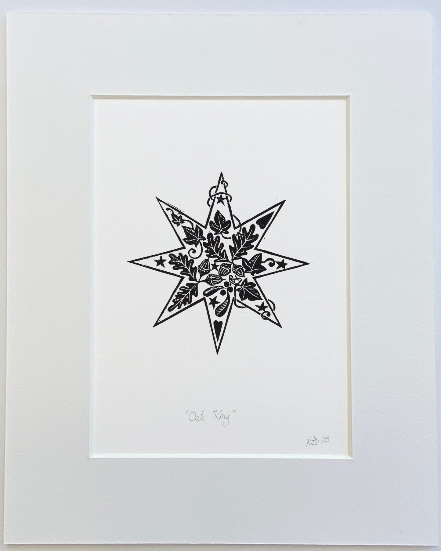 Oak King Black Star linoprint. Celebrate the winter season with unique handmade art
