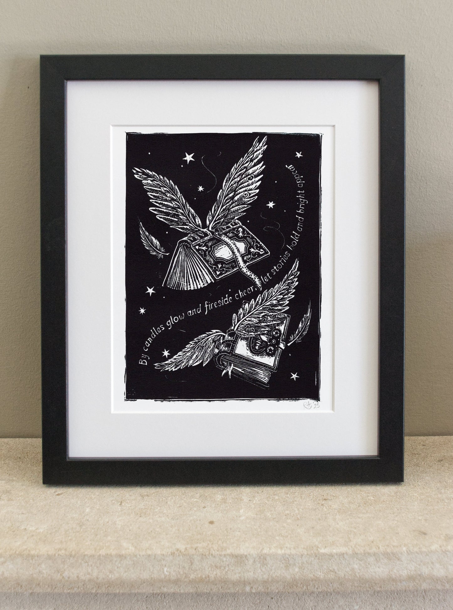 Fireside Stories Linocut Print: Flying Books Winter Scene, Ready to Frame