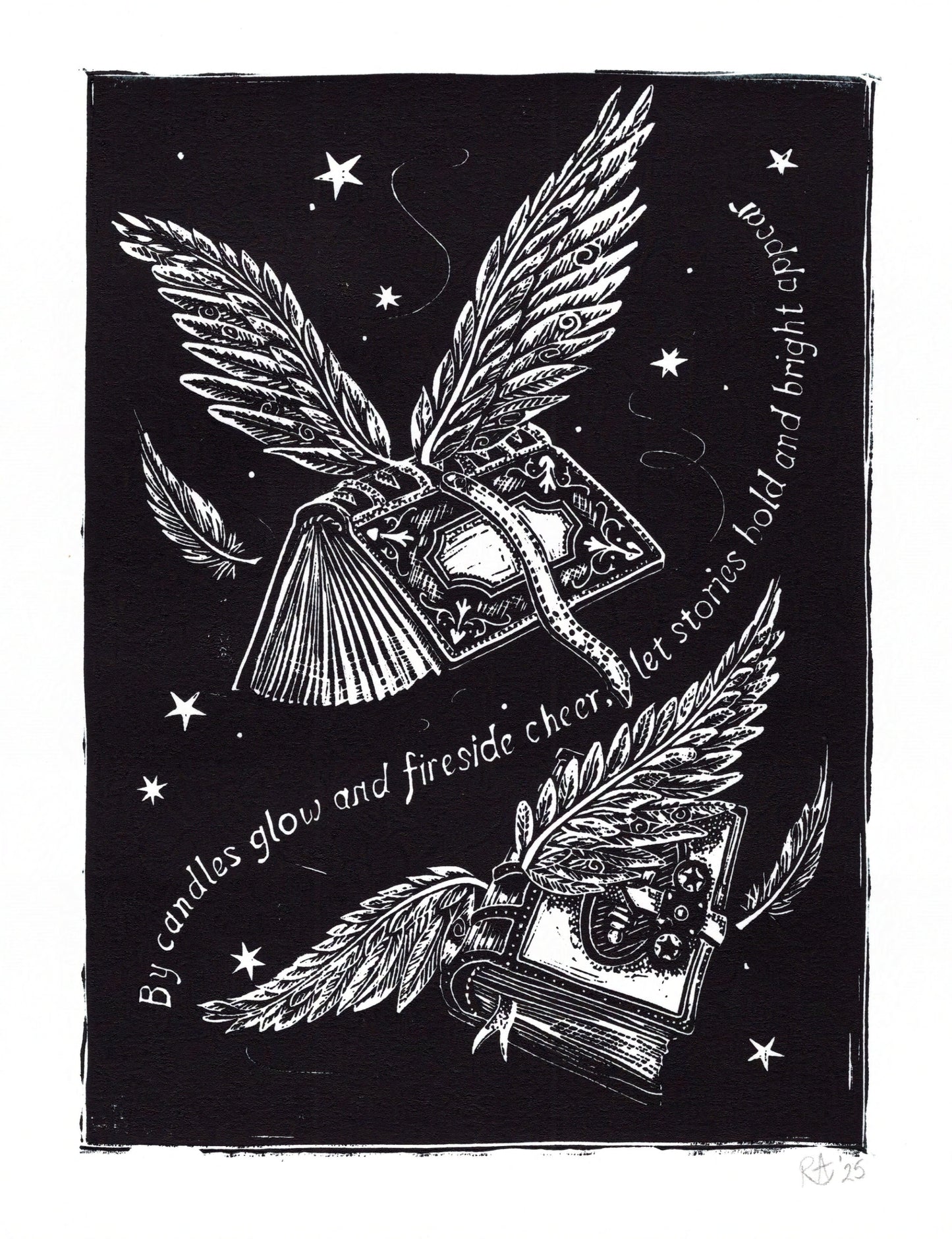 Black and white illustration of books with wings and feathers on a black background with stars.