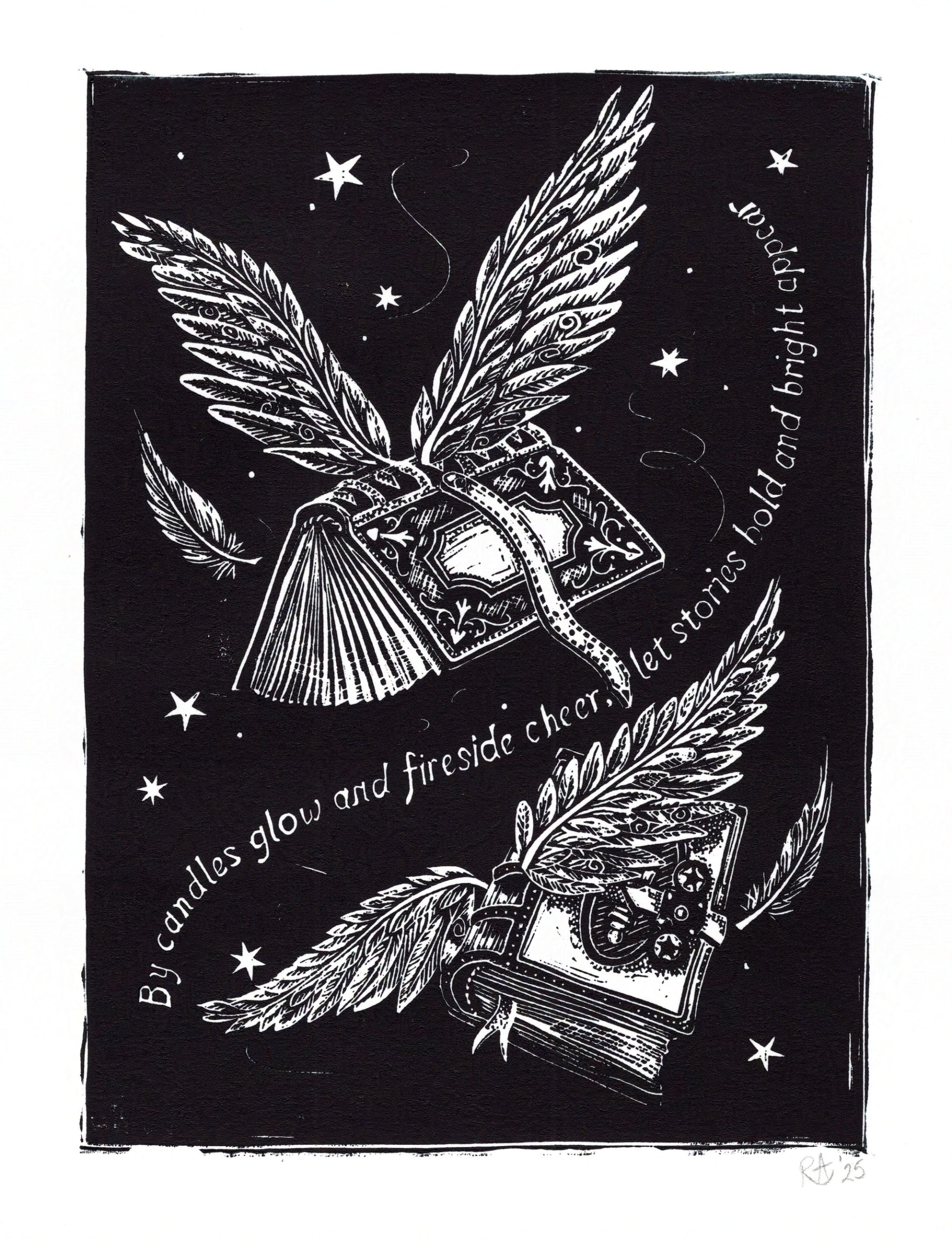 Black and white illustration of books with wings and feathers on a black background with stars.
