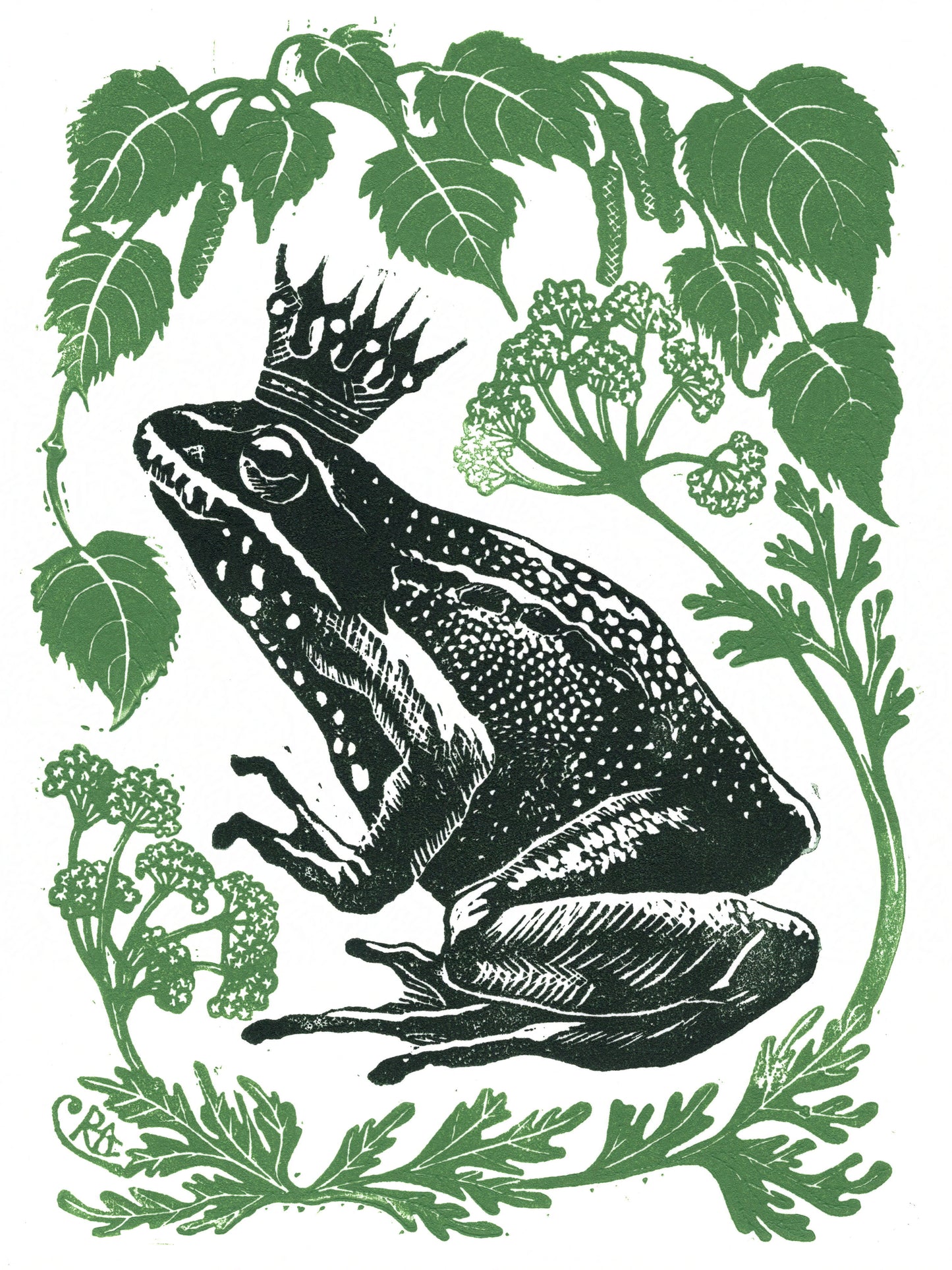 Illustration of a frog with a crown surrounded by green leaves and plants