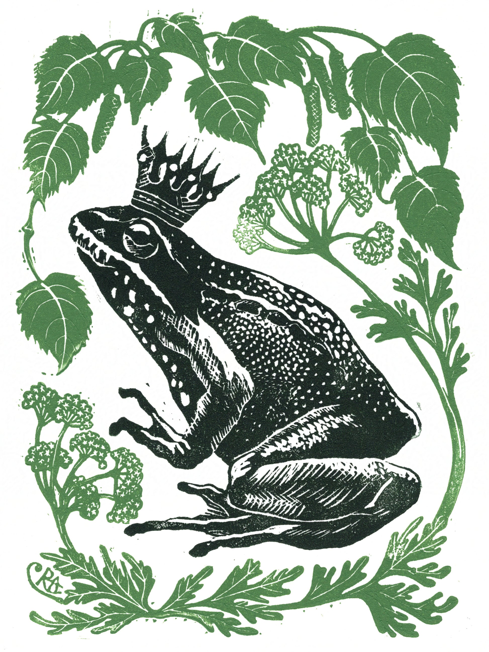 Illustration of a frog with a crown surrounded by green leaves and plants