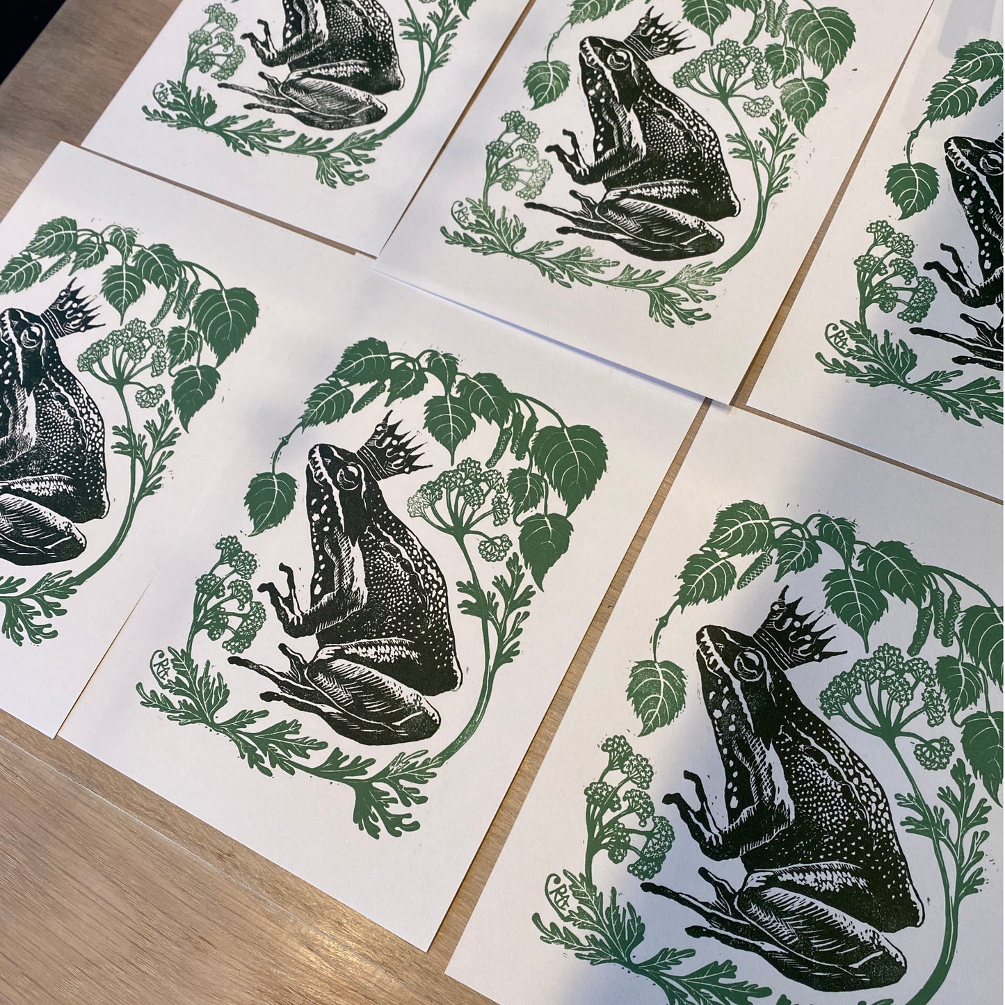 Frog Prince Linocut Print: Limited Edition Green Art, Birch & Cow Parsley