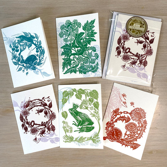 Luxury Linoprint Greeting Cards Pack: Nature & Folklore Designs on 350gsm luxury card