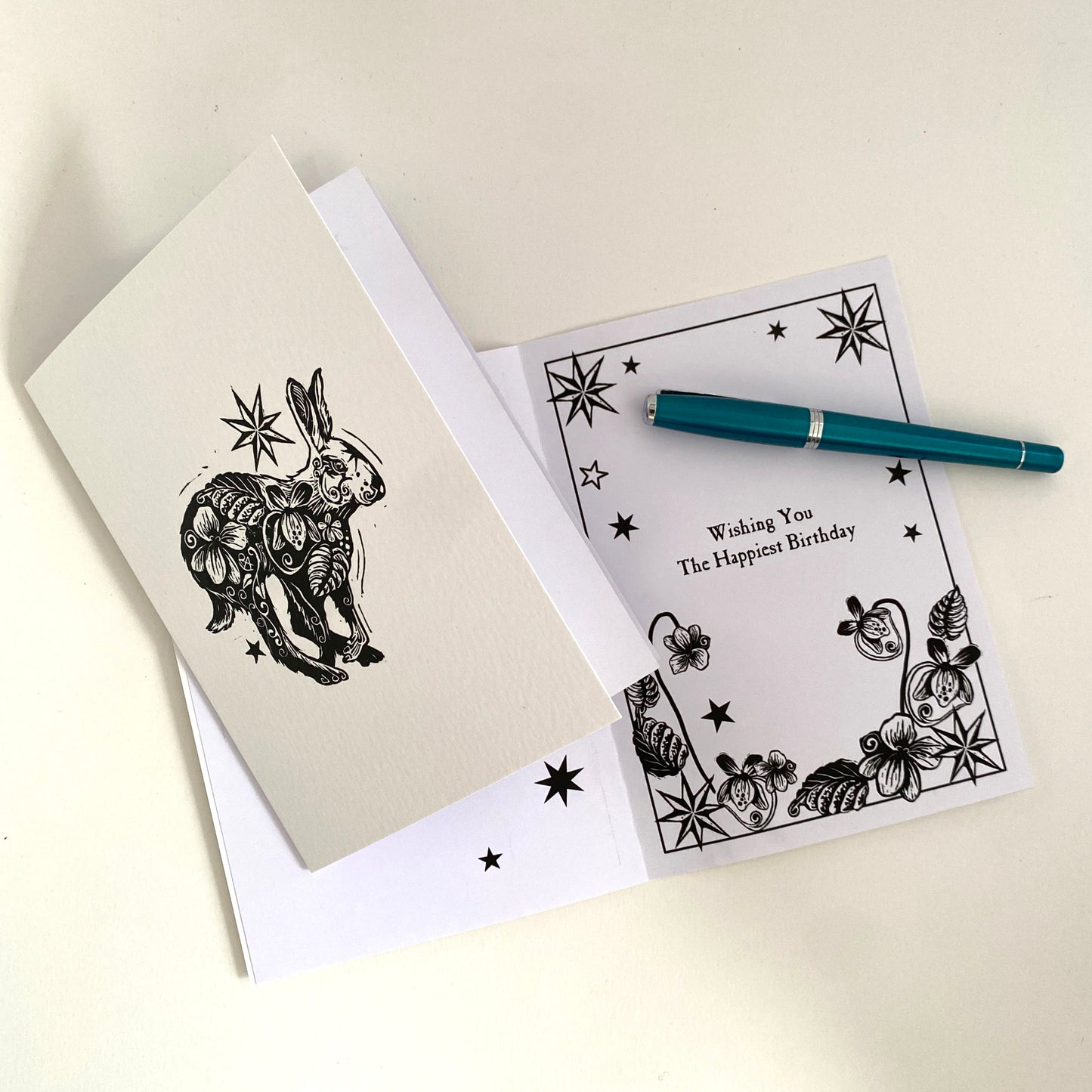 Handprinted Custom Wording Keepsake Card with Botanical Hare
