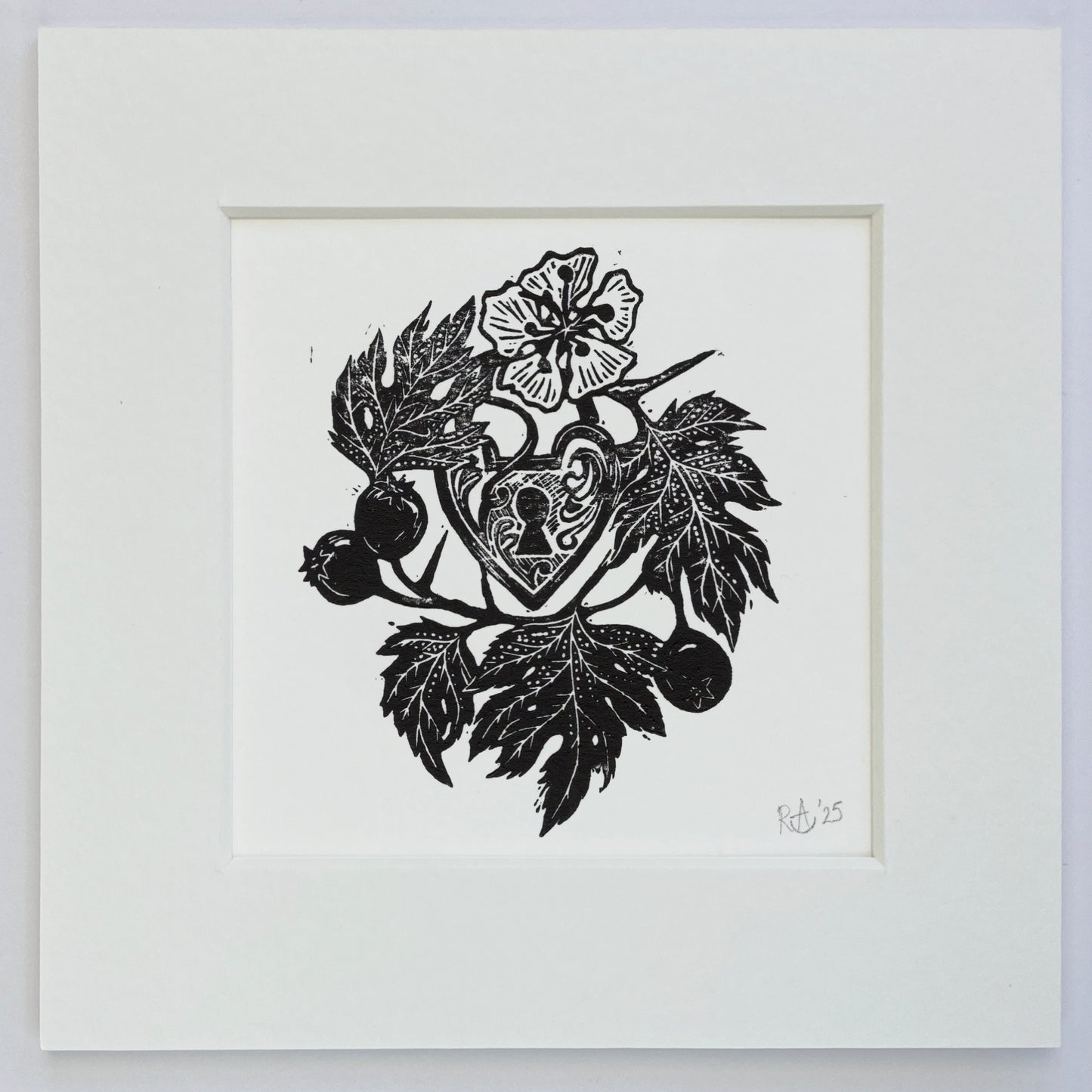 Black and white illustration of a heart with keys, leaves, and flowers on a white background