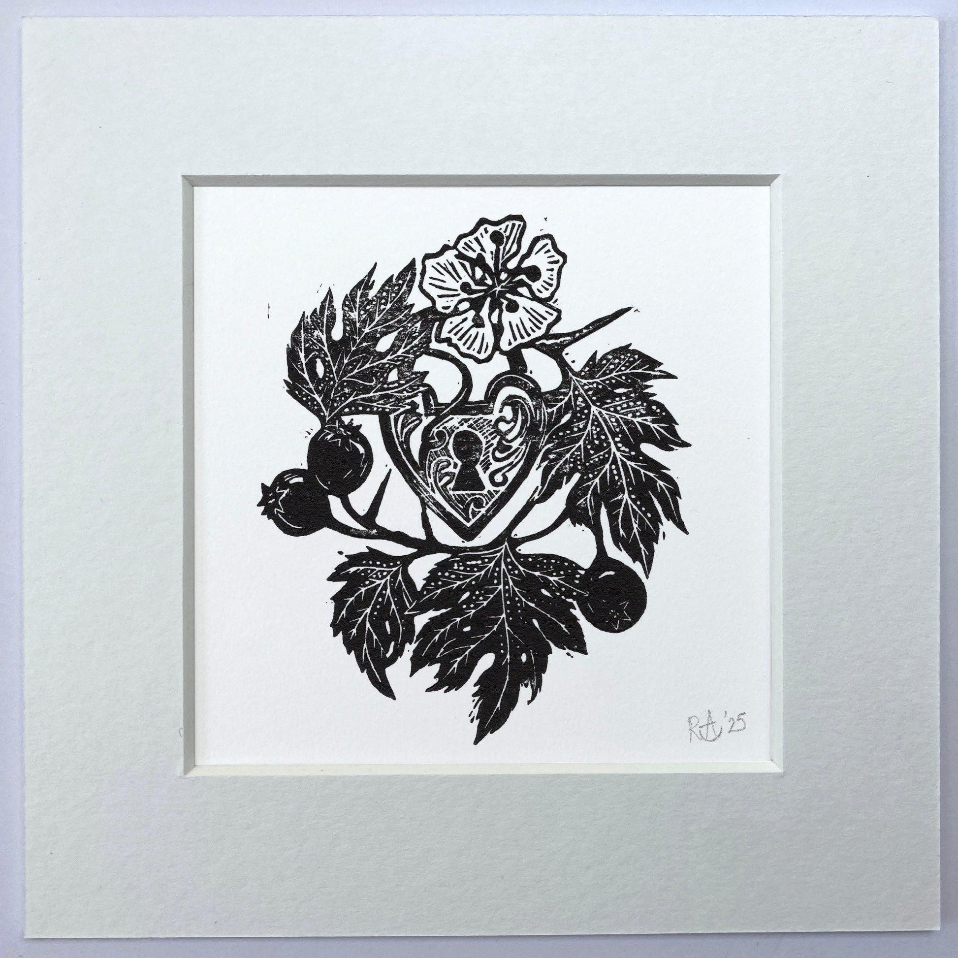 Black and white illustration of a heart with leaves and flowers on a white background