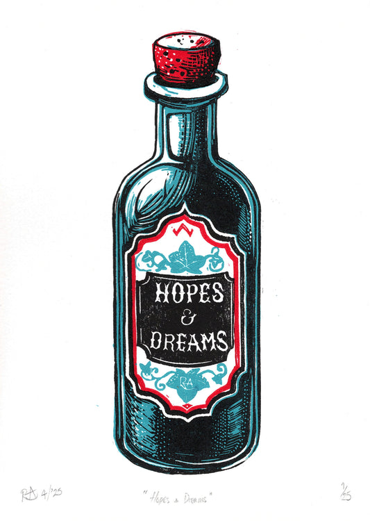 Hopes & Dreams - potion bottle lino print original handprinted artwork.