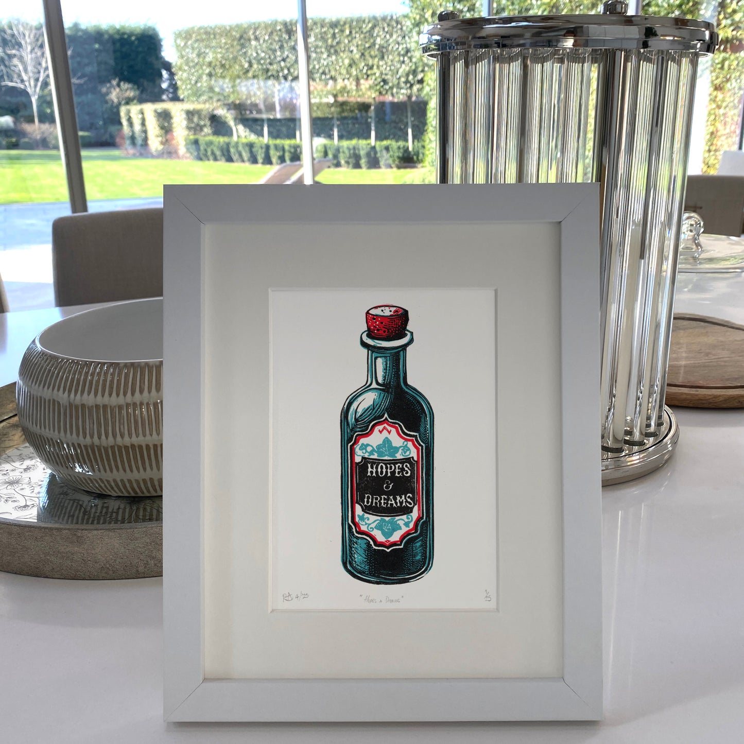 Hopes & Dreams - potion bottle lino print original handprinted artwork.