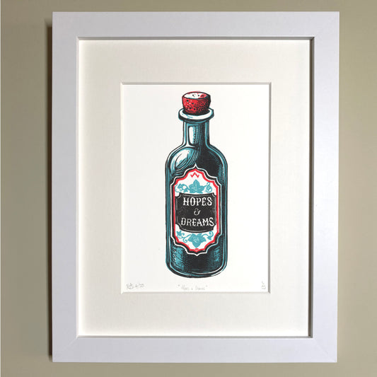 Hopes & Dreams - potion bottle lino print original handprinted artwork.
