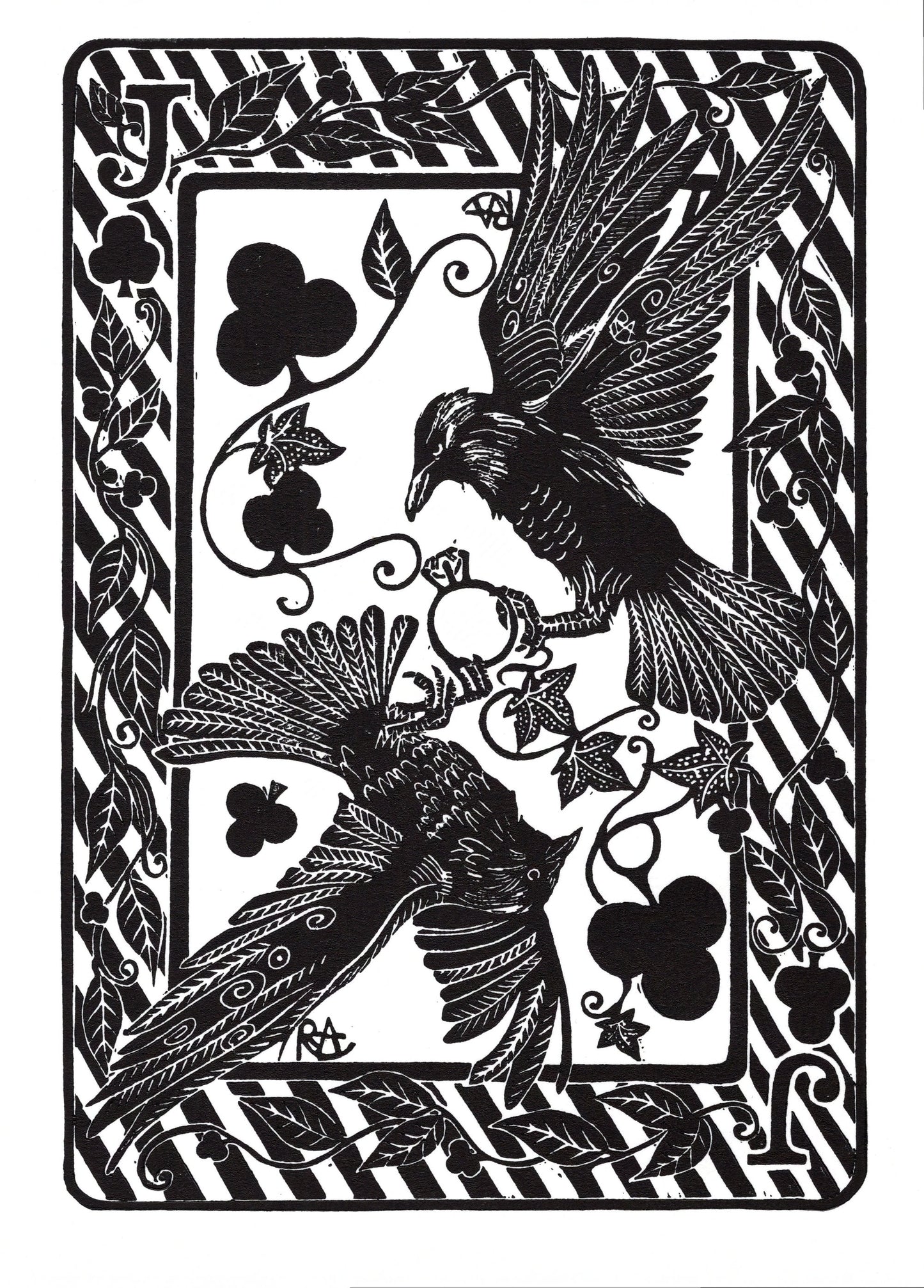 Decorative card with two ravens and black clover symbols on a striped background