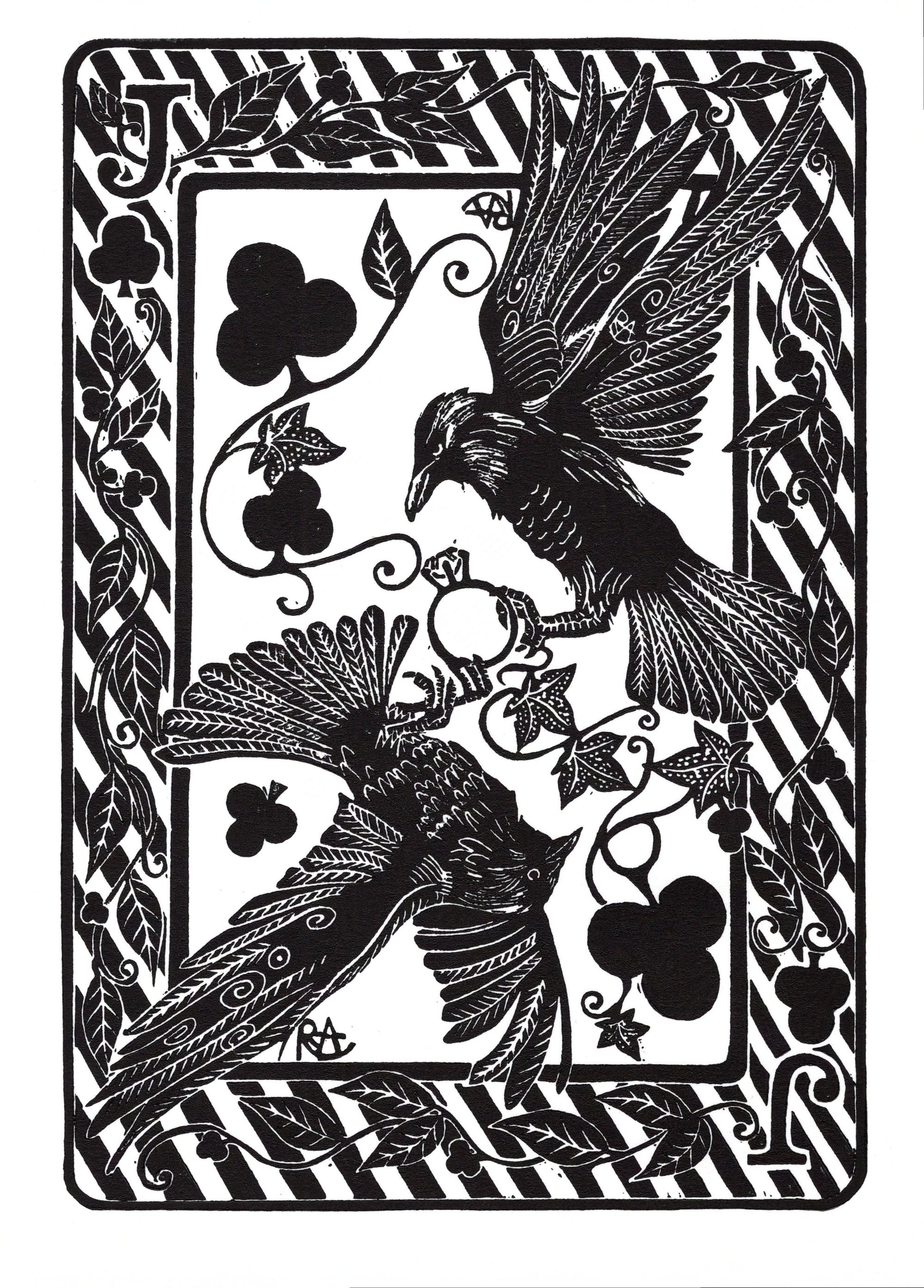 Decorative card with two ravens and black clover symbols on a striped background