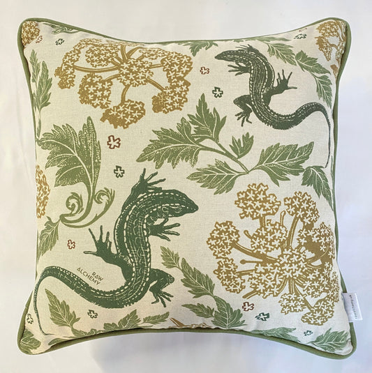 Lizard Linoprint Print, Green, Gold & Natural Linen, Contemporary Floral Cushion Cover