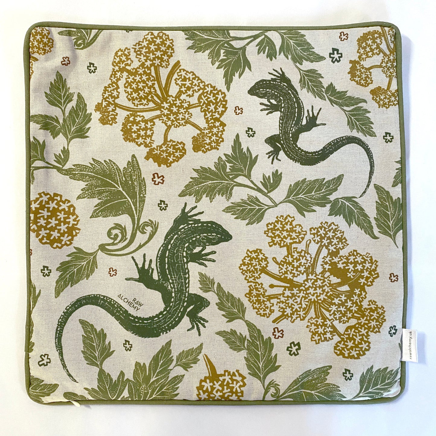 Lizard Linoprint Print, Green, Gold & Natural Linen, Contemporary Floral Cushion Cover
