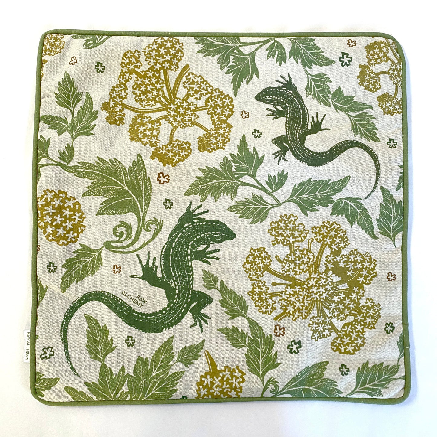 Lizard Linoprint Print, Green, Gold & Natural Linen, Contemporary Floral Cushion Cover