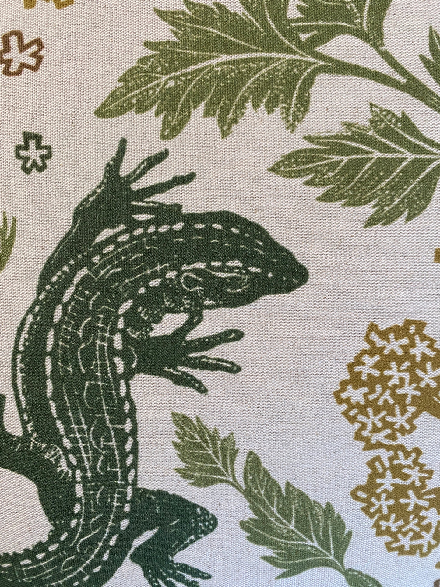 Lizard Linoprint Print, Green, Gold & Natural Linen, Contemporary Floral Cushion Cover