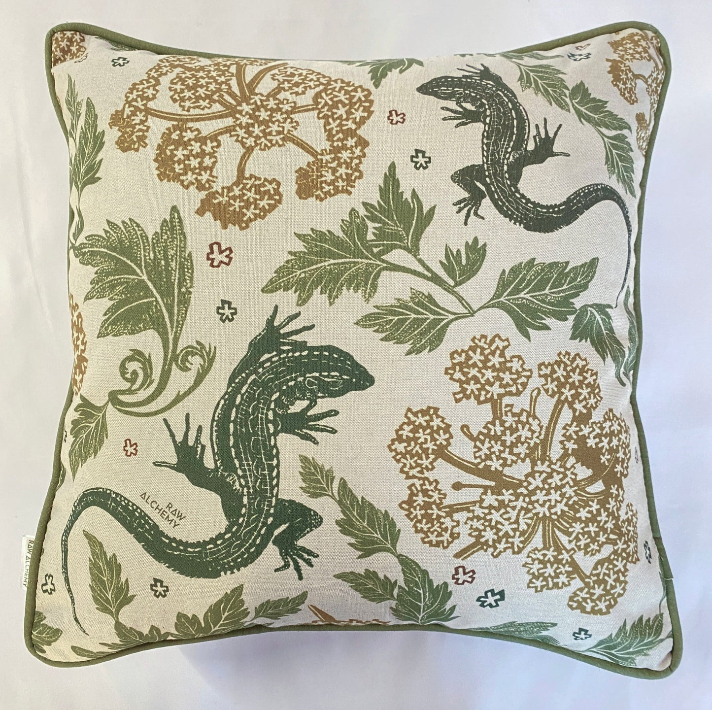 Lizard Linoprint Print, Green, Gold & Natural Linen, Contemporary Floral Cushion Cover