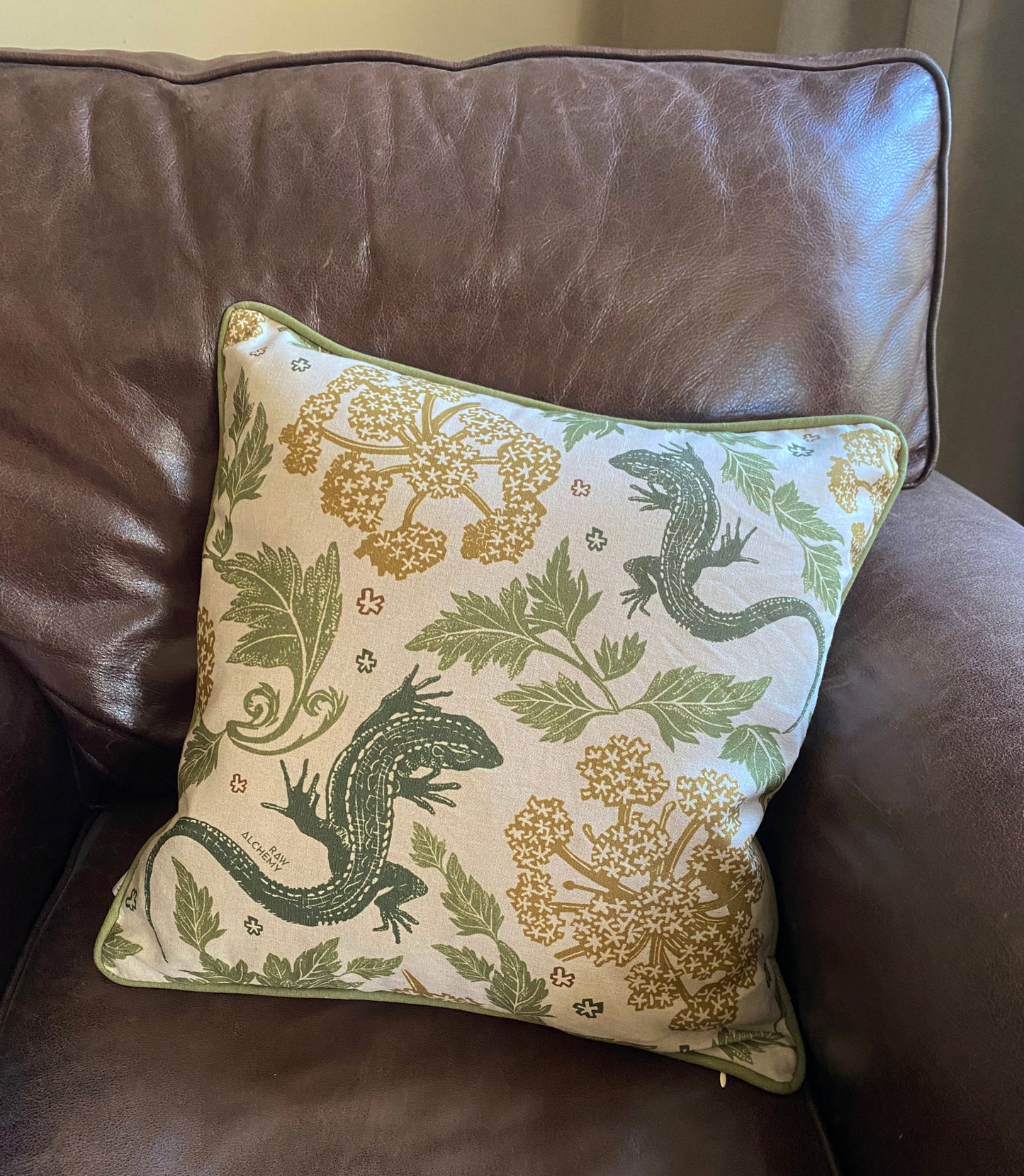 Lizard Linoprint Print, Green, Gold & Natural Linen, Contemporary Floral Cushion Cover