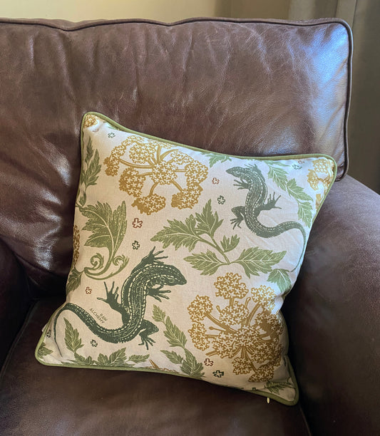 Lizard Linoprint Print, Green, Gold & Natural Linen, Contemporary Floral Cushion Cover