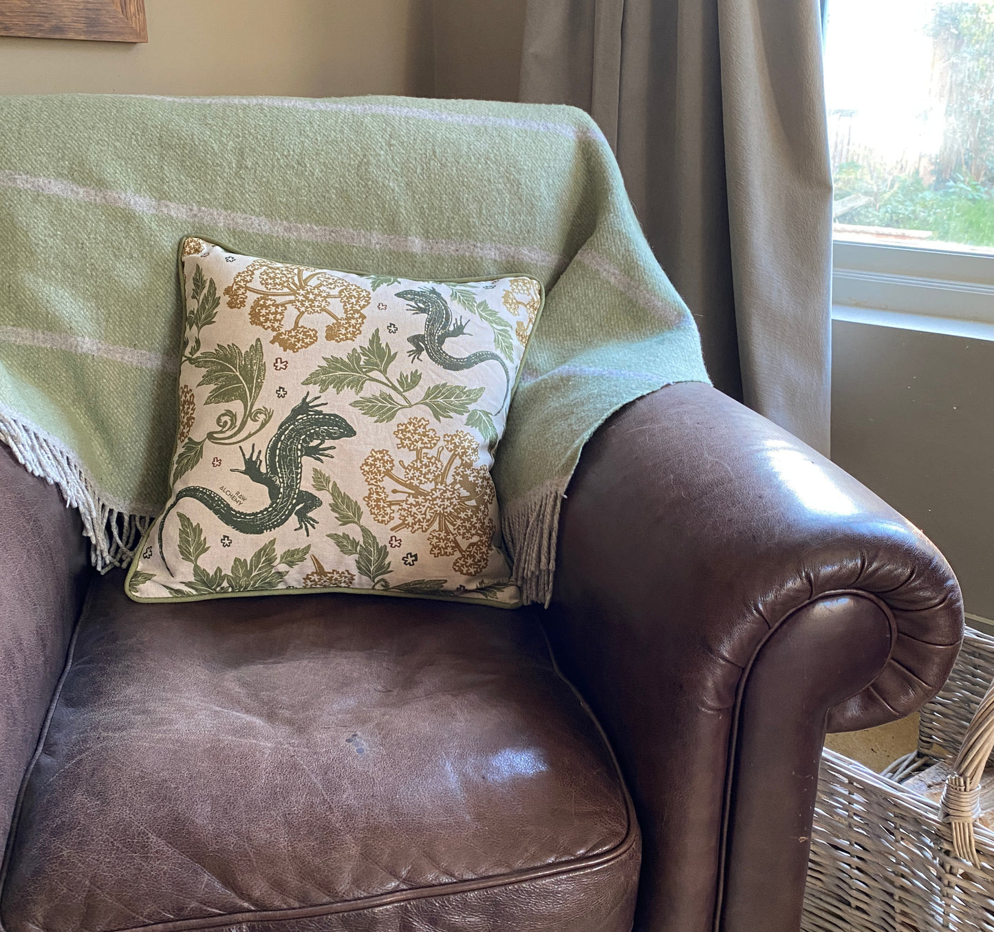 Lizard Linoprint Print, Green, Gold & Natural Linen, Contemporary Floral Cushion Cover