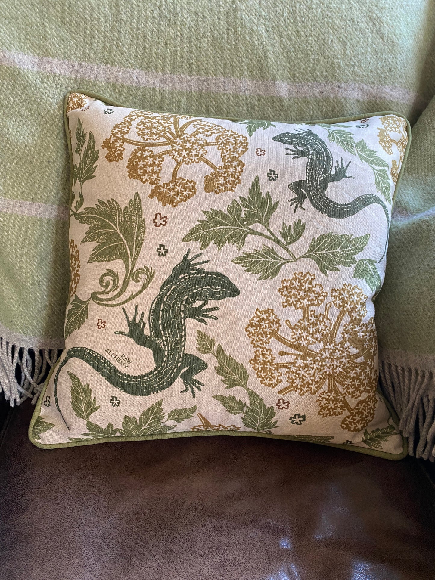 Lizard Linoprint Print, Green, Gold & Natural Linen, Contemporary Floral Cushion Cover