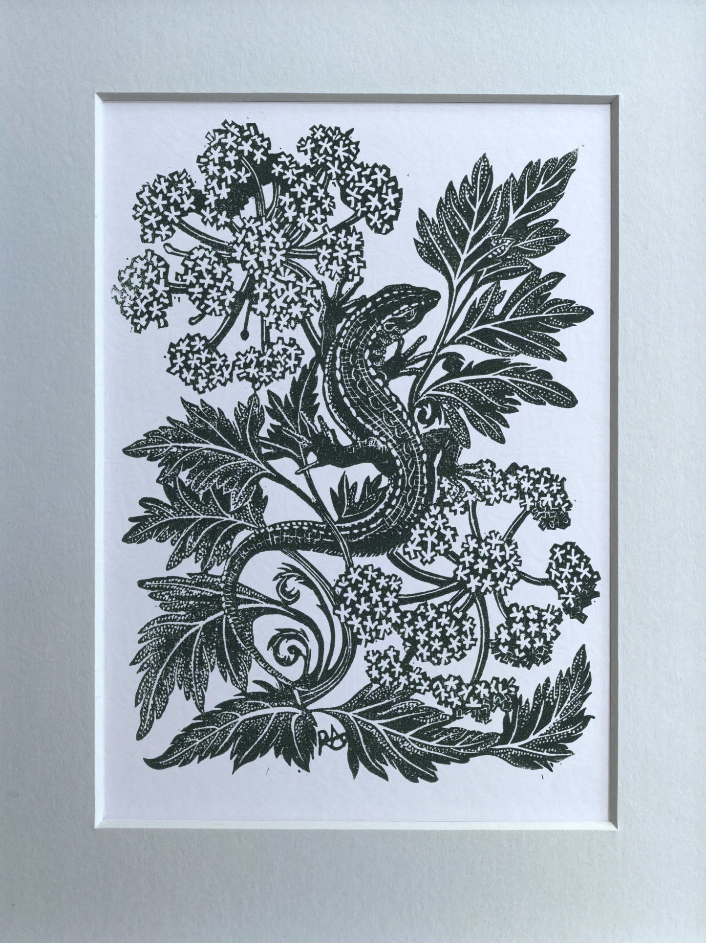 Lounging Lizard In Hemlock - Linocut Art Print
