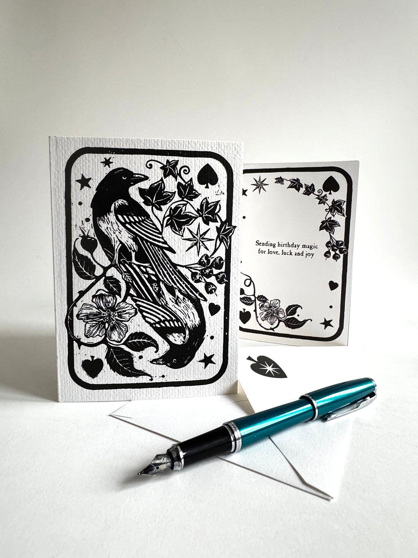Two For Joy Magpies Linocut Art Card, Vintage Keepsake, Engagement, Birthday, Personalised Wording