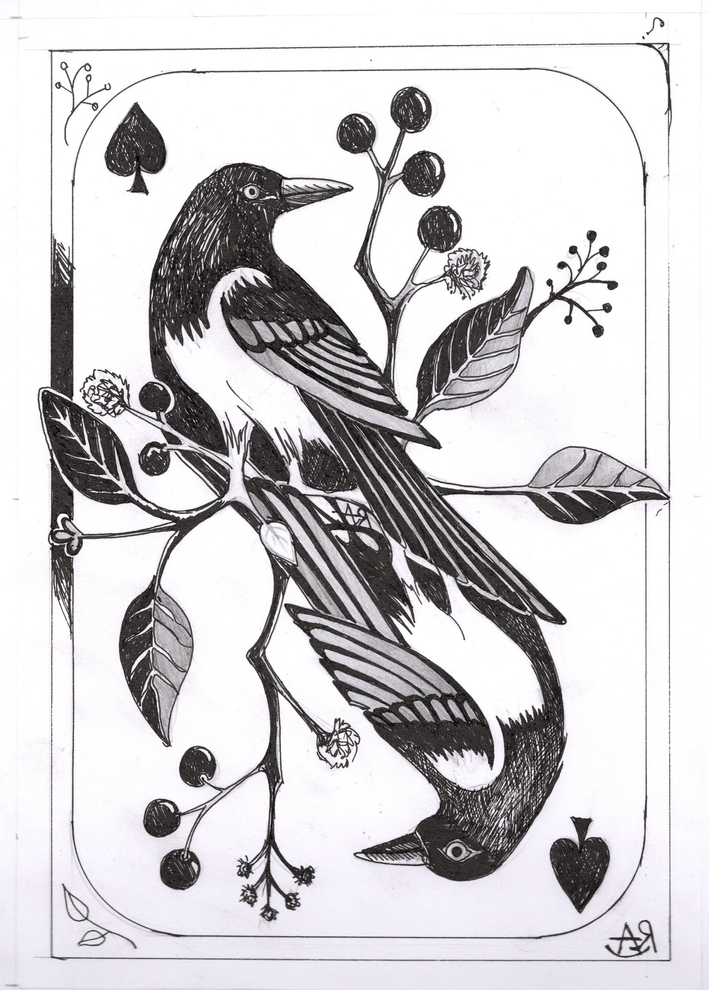 Two For Joy, Magpies & Ace of Spades - Linocut Art Print