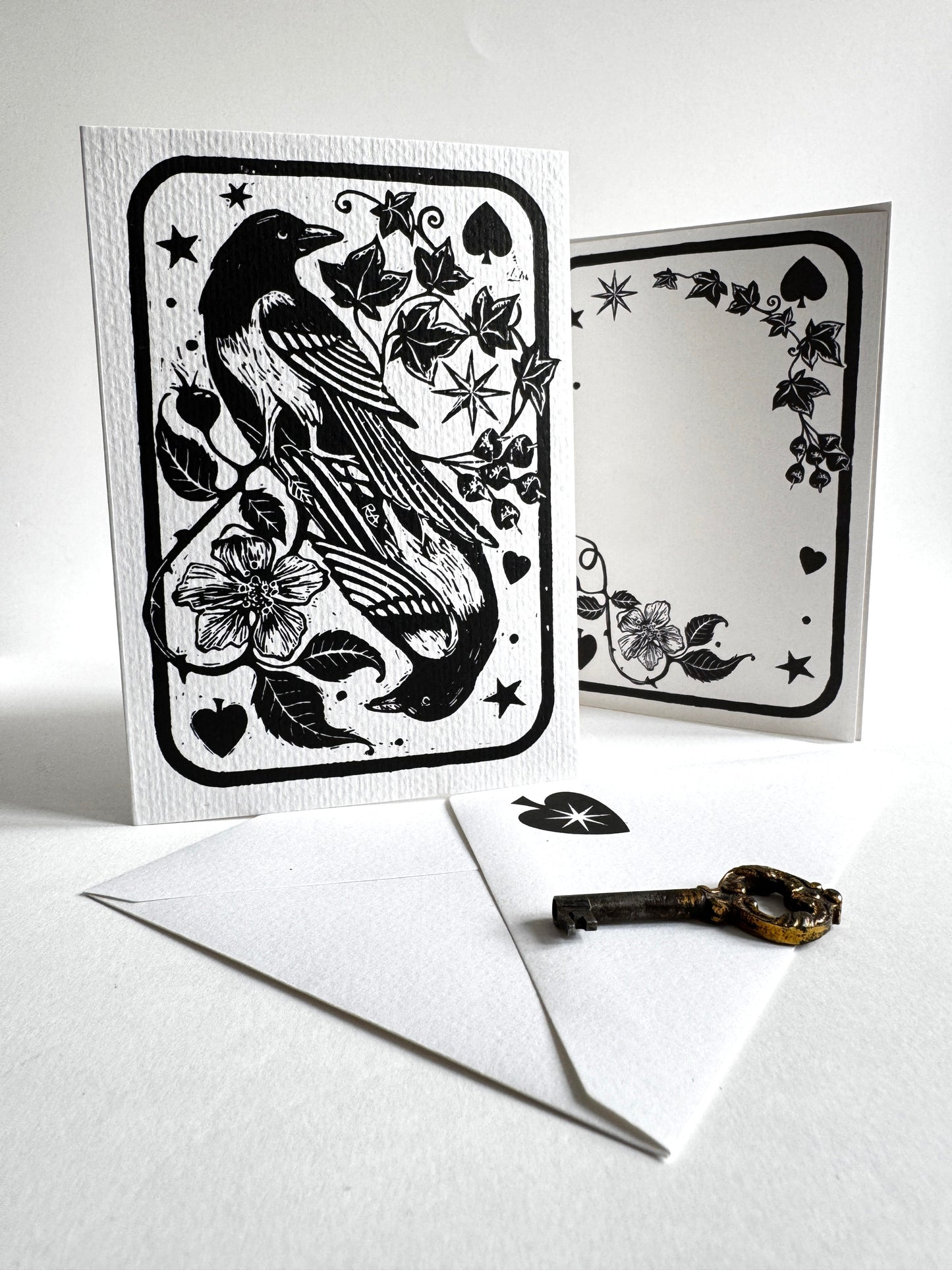 Handprinted Magpie Card, Vintage Art Keepsake, New Home, Luck, Joy