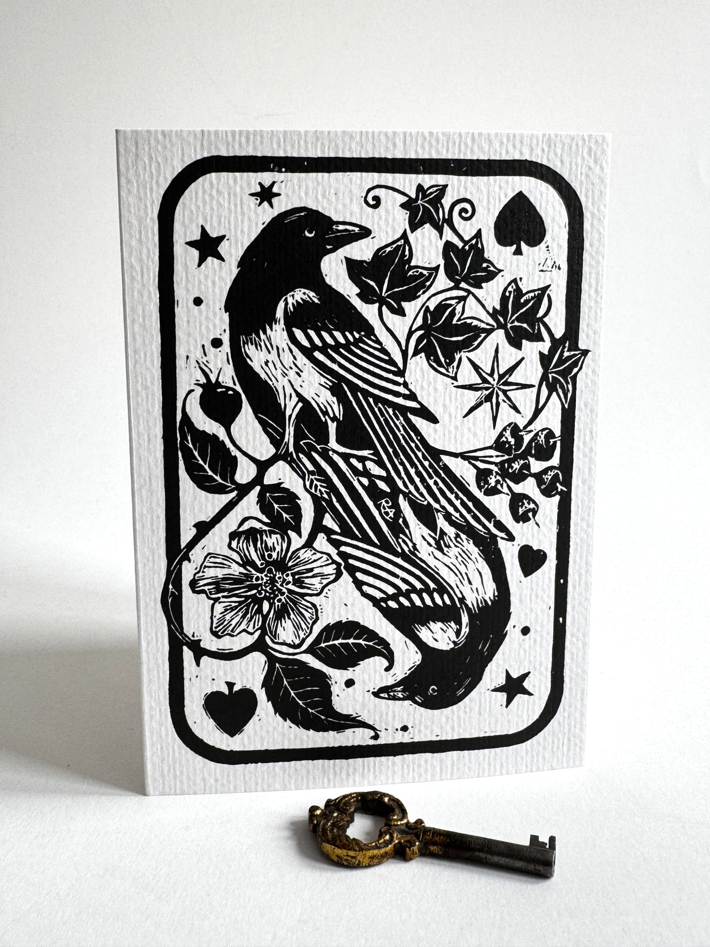 Handprinted Magpie Card, Vintage Art Keepsake, New Home, Luck, Joy