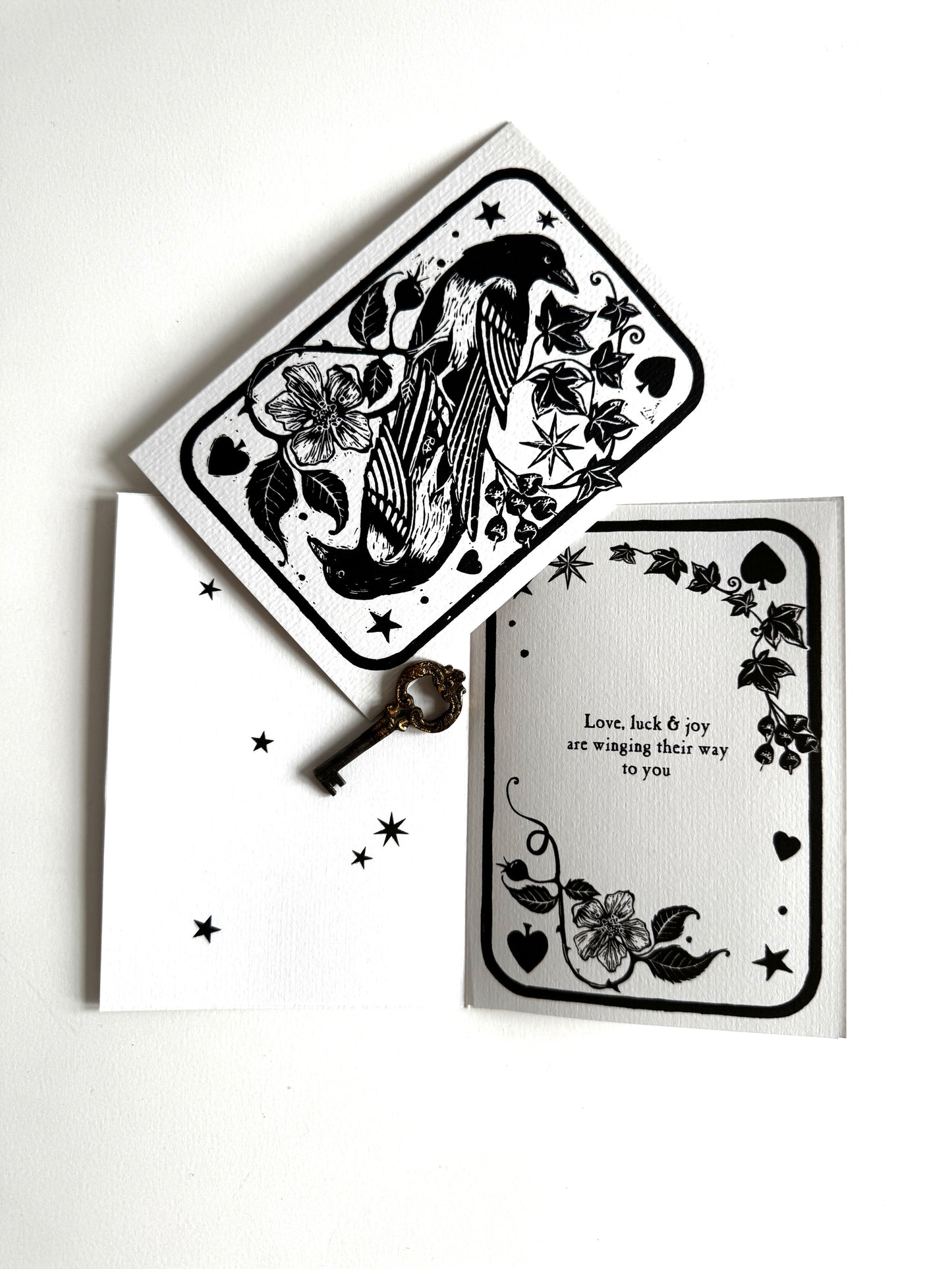 Handprinted Magpie Card, Vintage Art Keepsake, New Home, Luck, Joy