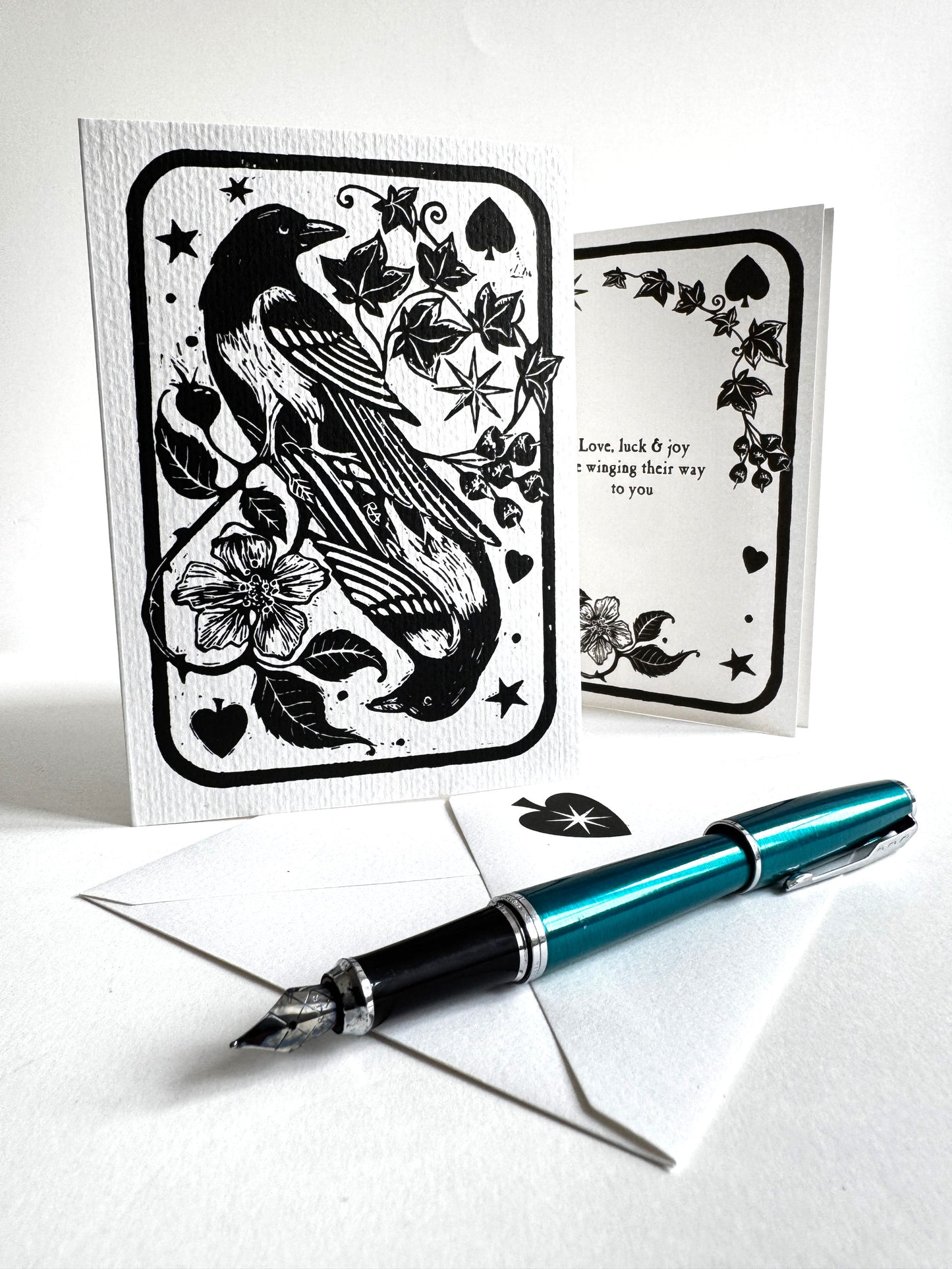 Handprinted Magpie Card, Vintage Art Keepsake, New Home, Luck, Joy