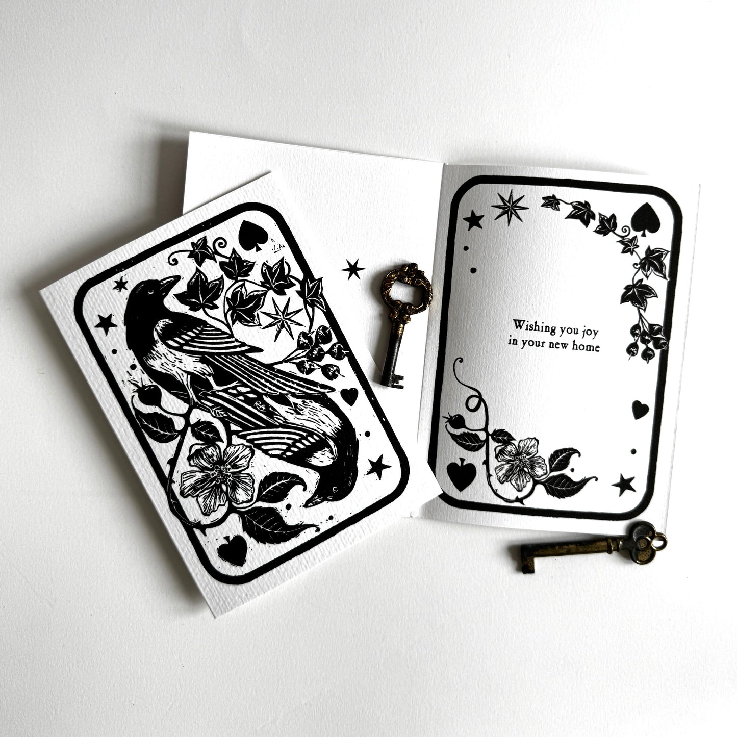 Handprinted Magpie Card, Vintage Art Keepsake, New Home, Luck, Joy