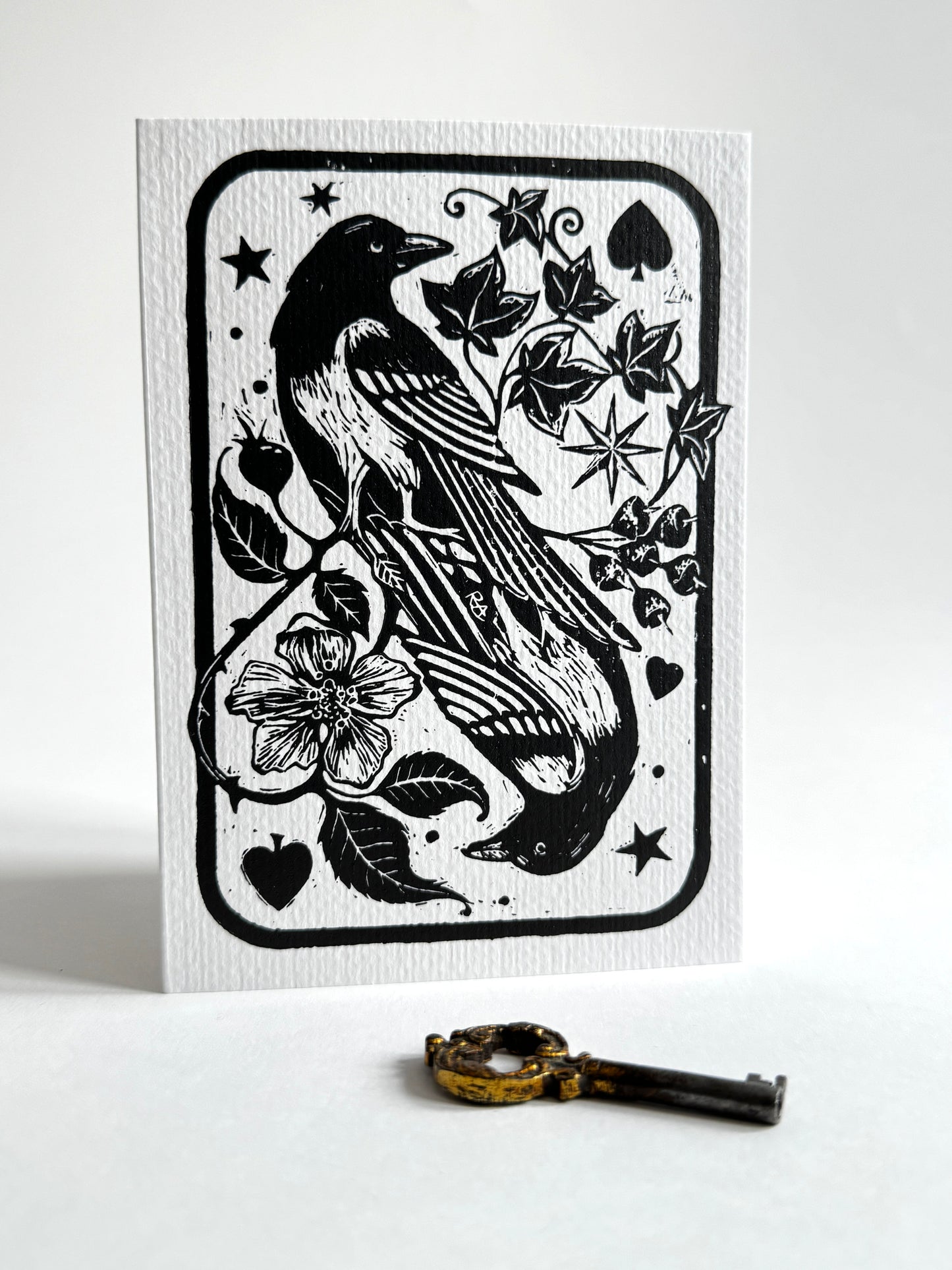 Handprinted Magpie Card, Vintage Art Keepsake, New Home, Luck, Joy