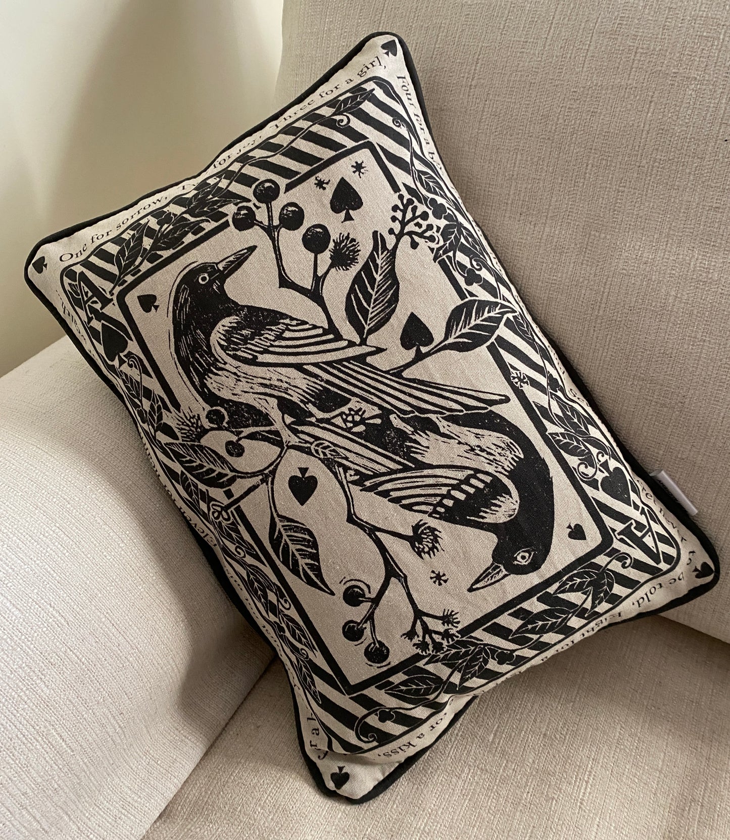 Two For Joy - Magpie Playing Card, Linen Cushion Cover with bird print