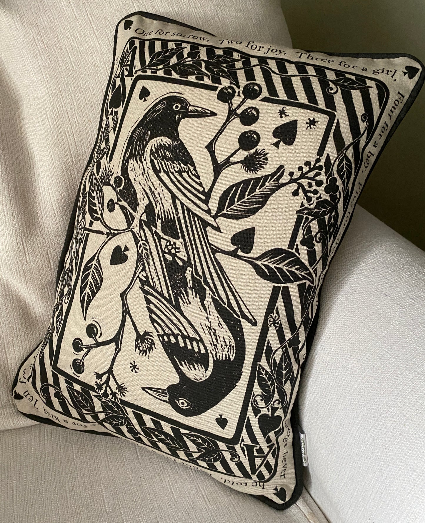 Two For Joy - Magpie Playing Card, Linen Cushion Cover with bird print