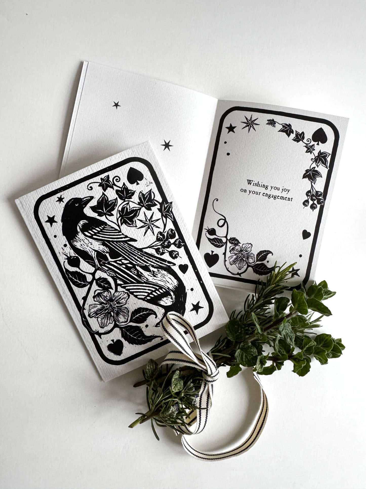 Two For Joy Magpies Linocut Art Card, Vintage Keepsake, Engagement, Birthday, Personalised Wording